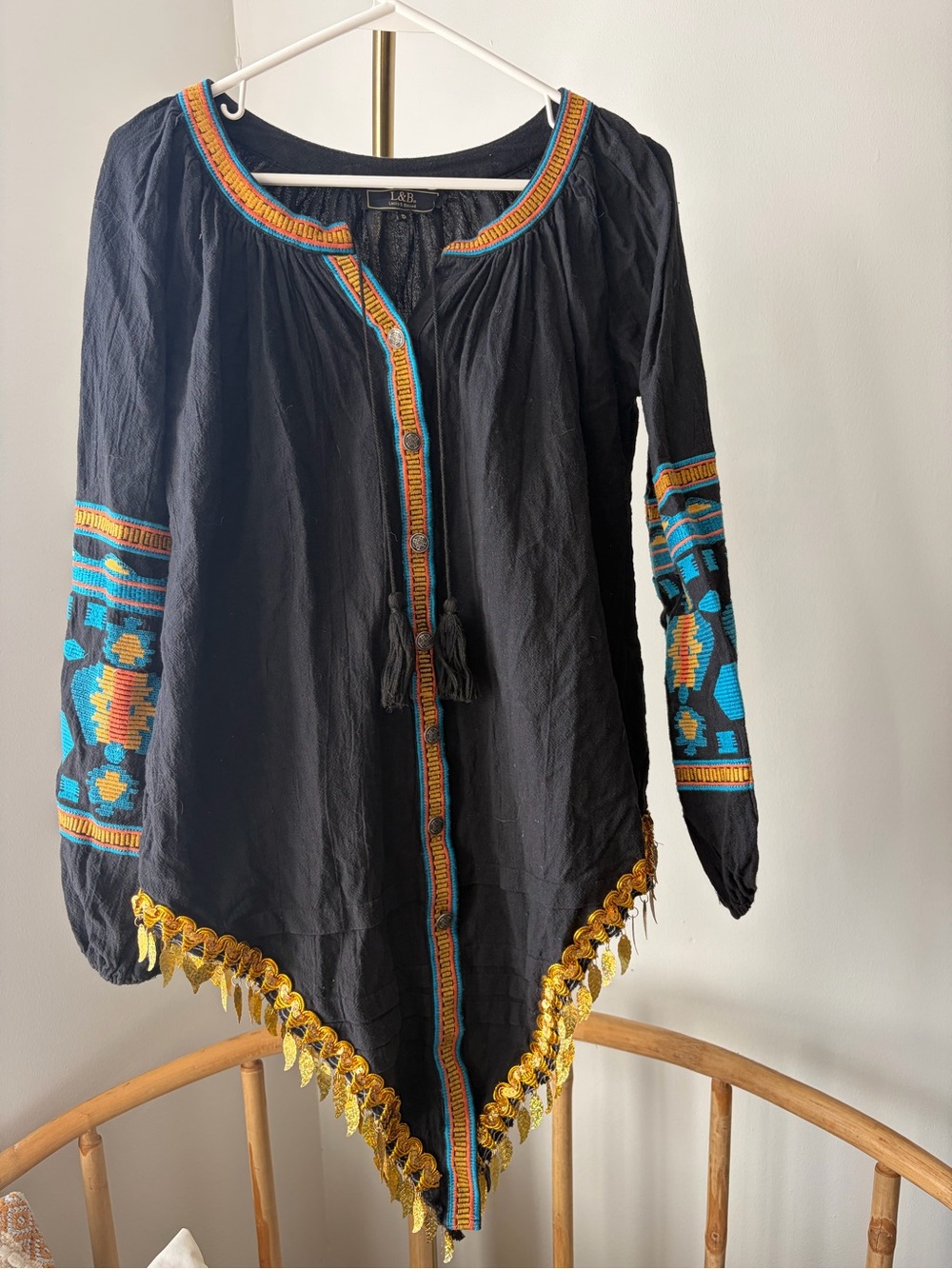 Lucky & Blessed Embroidered Black Boho Tunic with Gold Tassel Trim